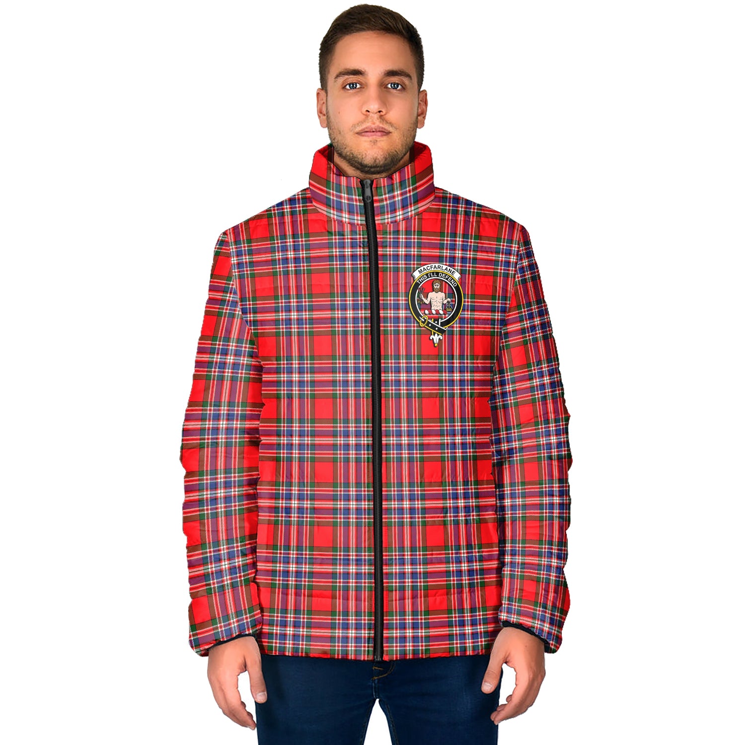 MacFarlane (McFarlane) Tartan Padded Jacket with Family Crest - Tartan Vibes Clothing