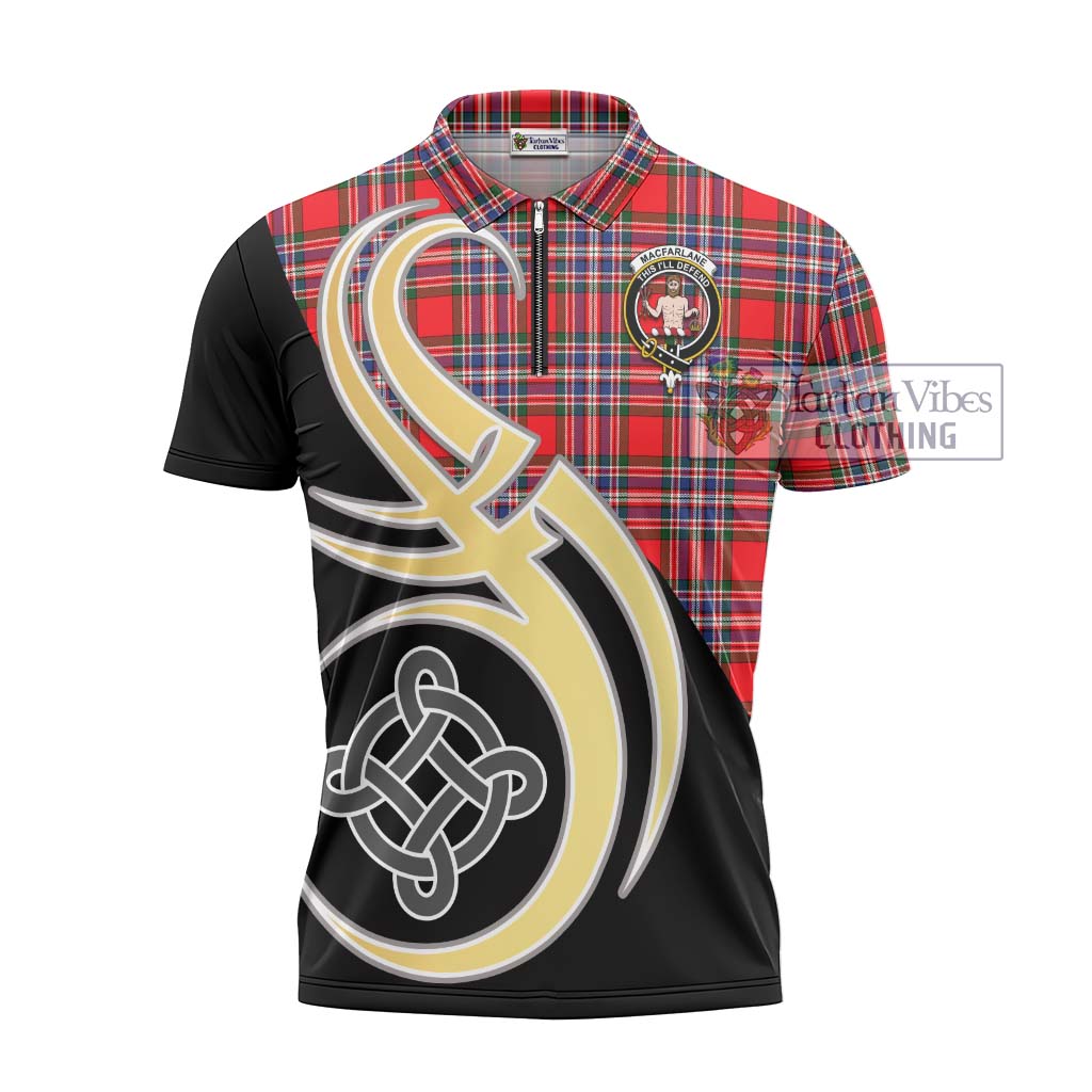 Tartan Vibes Clothing MacFarlane Modern Tartan Zipper Polo Shirt with Family Crest and Celtic Symbol Style