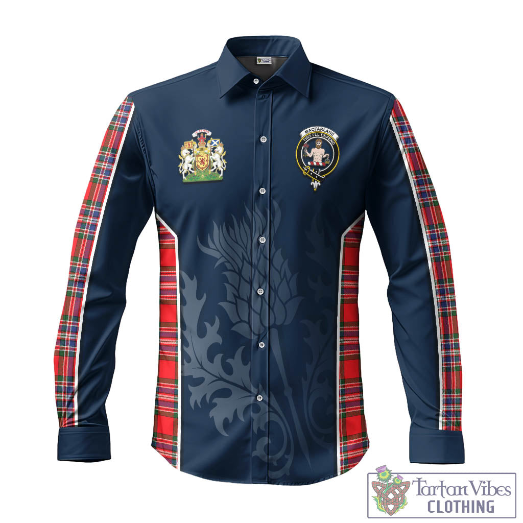 Tartan Vibes Clothing MacFarlane Modern Tartan Long Sleeve Button Up Shirt with Family Crest and Scottish Thistle Vibes Sport Style