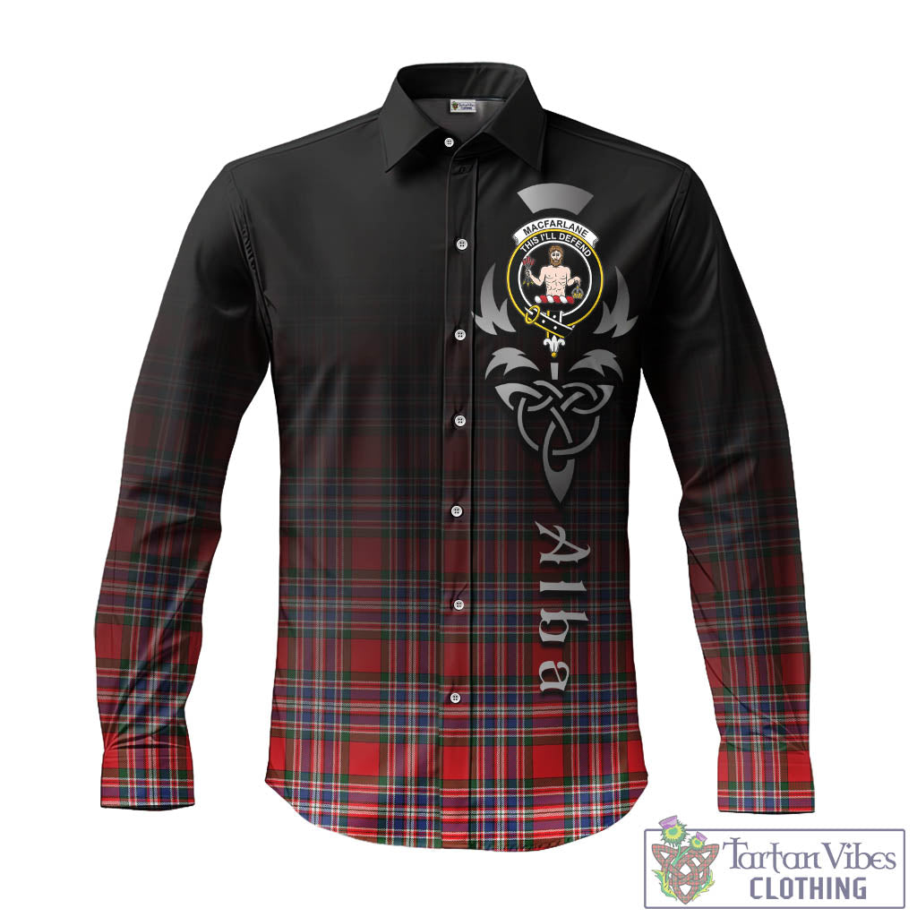 Tartan Vibes Clothing MacFarlane Modern Tartan Long Sleeve Button Up Featuring Alba Gu Brath Family Crest Celtic Inspired