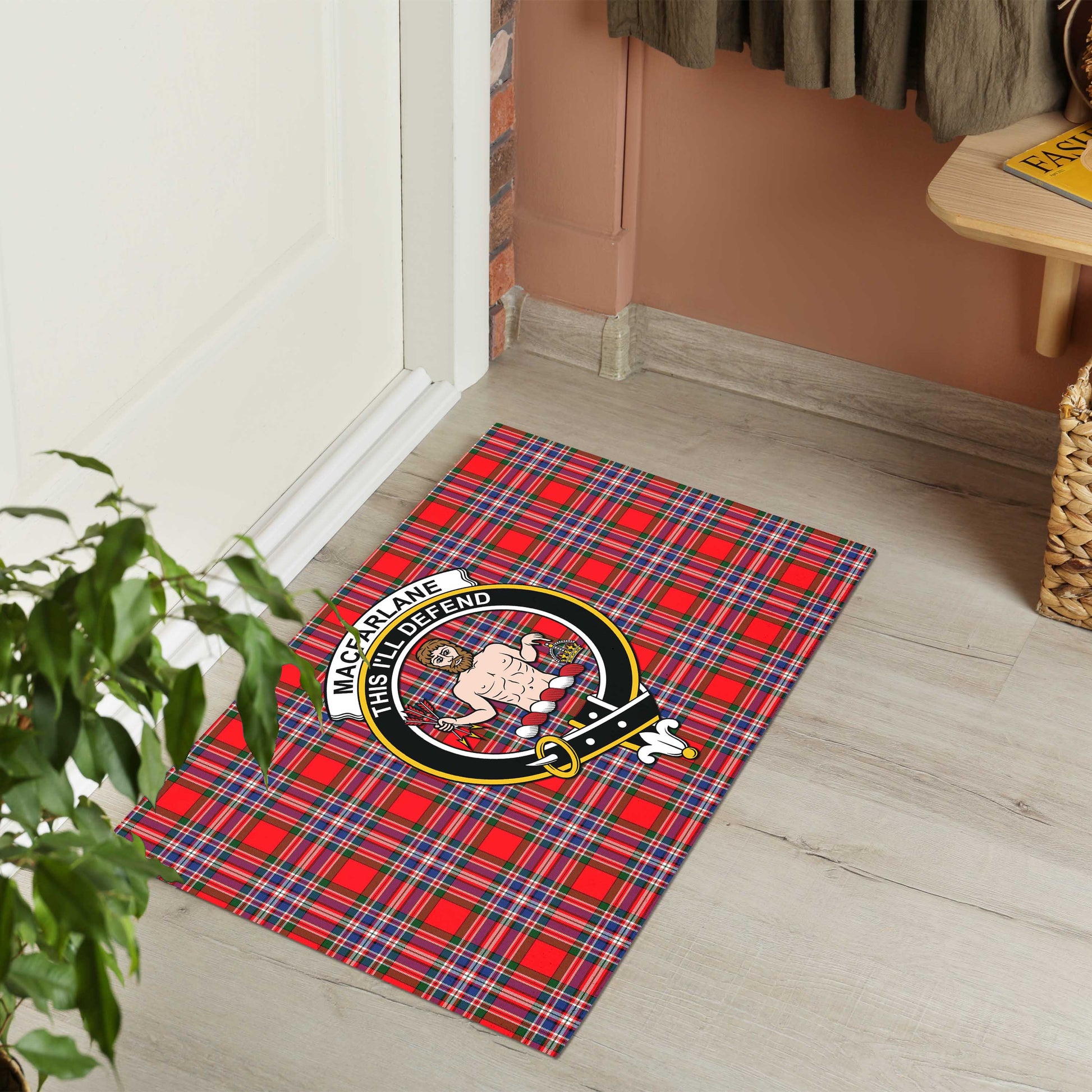 MacFarlane Modern Tartan Door Mat with Family Crest - Tartanvibesclothing
