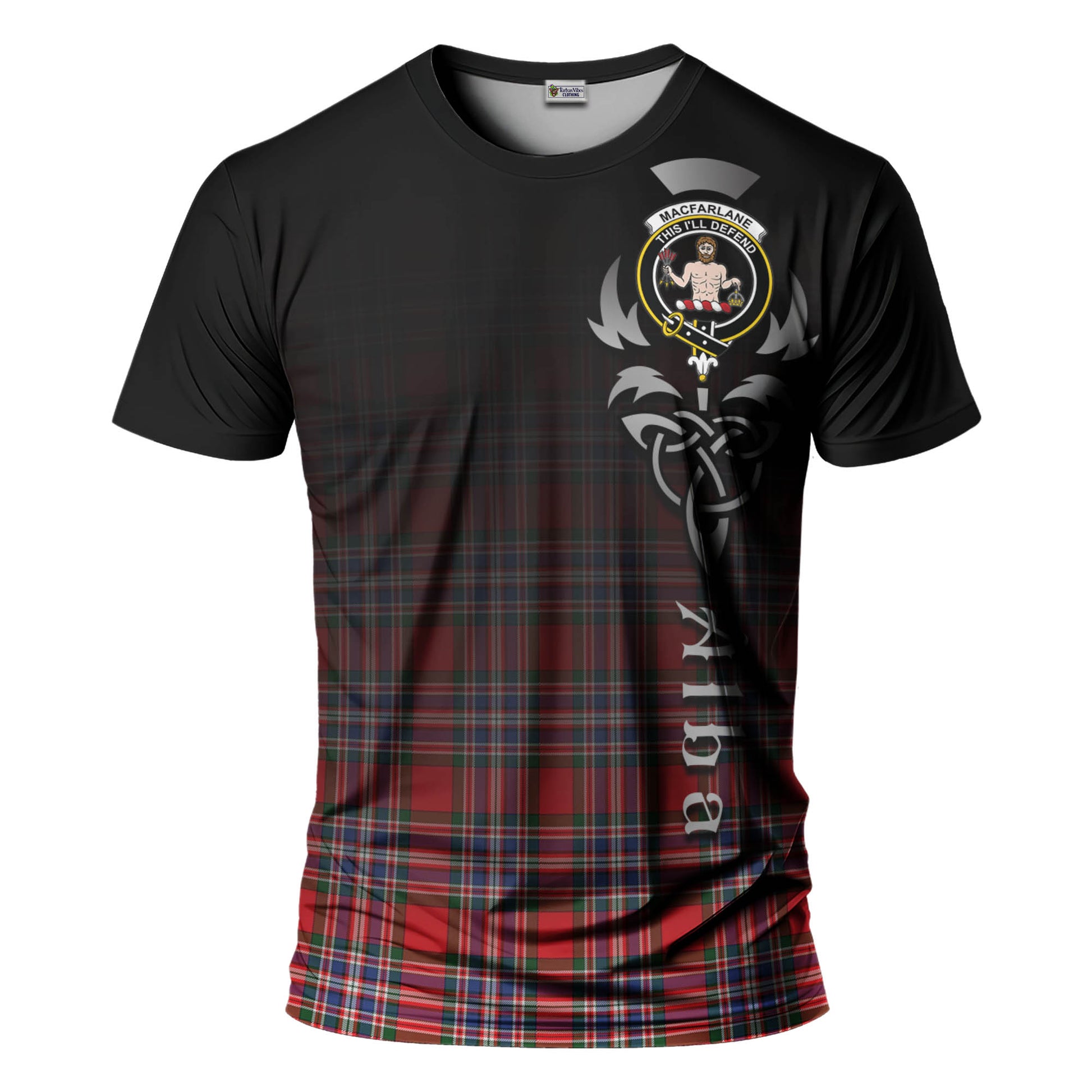 Tartan Vibes Clothing MacFarlane Modern Tartan T-Shirt Featuring Alba Gu Brath Family Crest Celtic Inspired