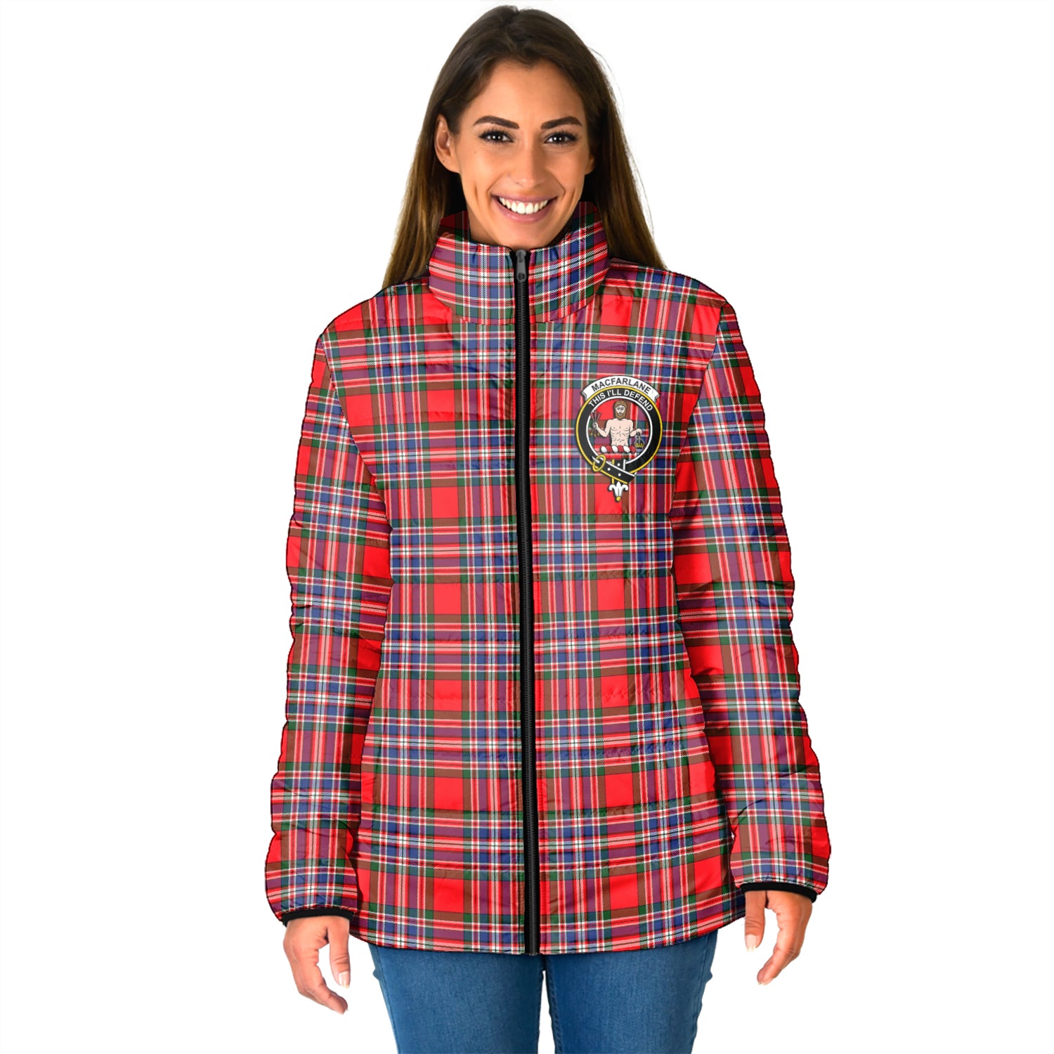 MacFarlane (McFarlane) Tartan Padded Jacket with Family Crest - Tartan Vibes Clothing