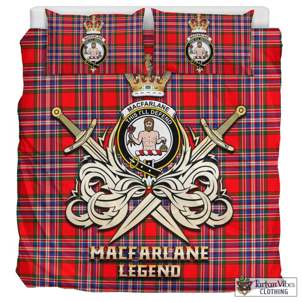 Tartan Vibes Clothing MacFarlane Modern Tartan Bedding Set with Clan Crest and the Golden Sword of Courageous Legacy