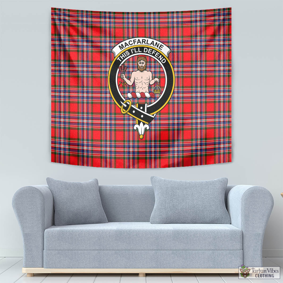 Tartan Vibes Clothing MacFarlane Modern Tartan Tapestry Wall Hanging and Home Decor for Room with Family Crest