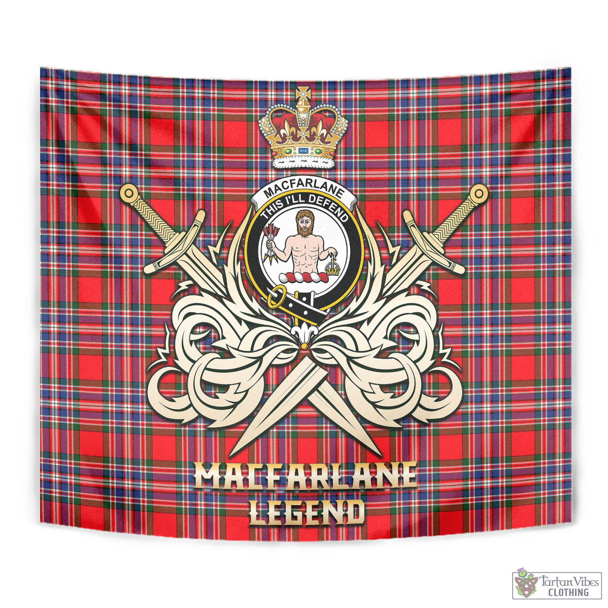 Tartan Vibes Clothing MacFarlane Modern Tartan Tapestry with Clan Crest and the Golden Sword of Courageous Legacy