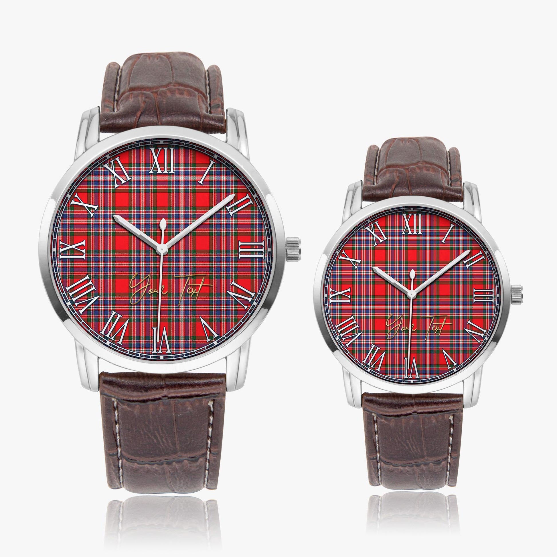 MacFarlane Modern Tartan Personalized Your Text Leather Trap Quartz Watch Wide Type Silver Case With Brown Leather Strap - Tartanvibesclothing