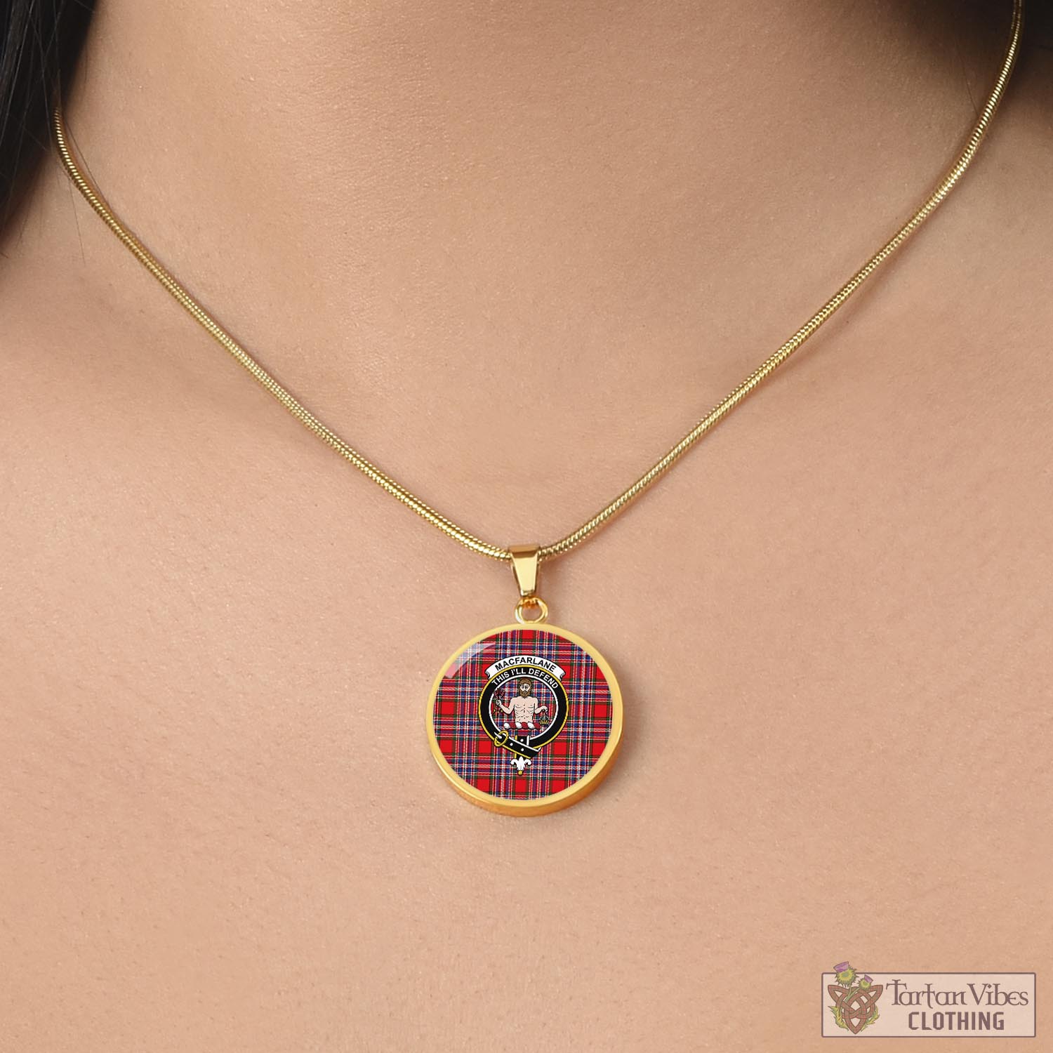 Tartan Vibes Clothing MacFarlane Modern Tartan Circle Necklace with Family Crest