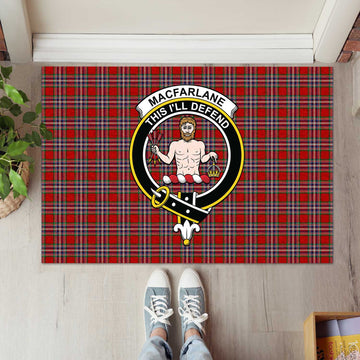 MacFarlane Red Tartan Door Mat with Family Crest