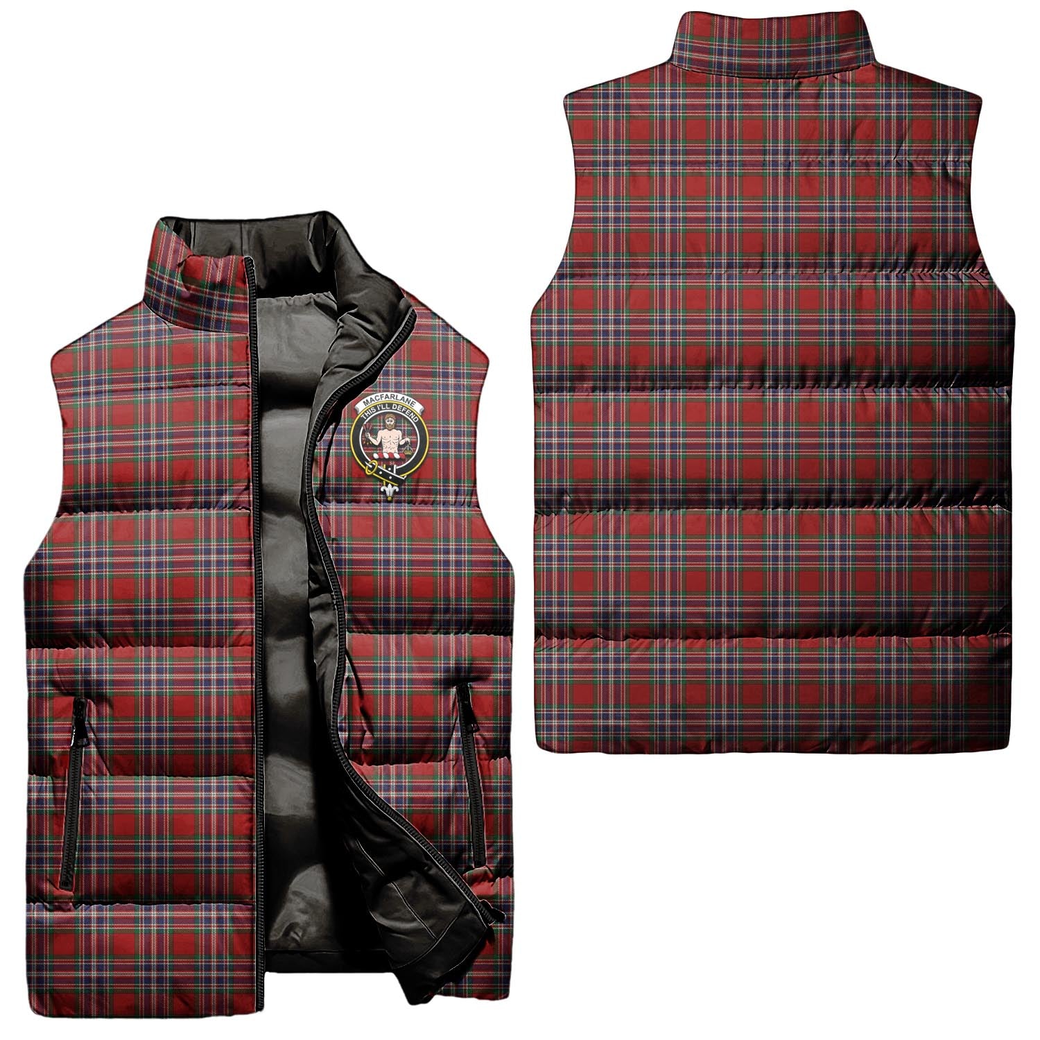 MacFarlane Red Tartan Sleeveless Puffer Jacket with Family Crest Unisex - Tartanvibesclothing
