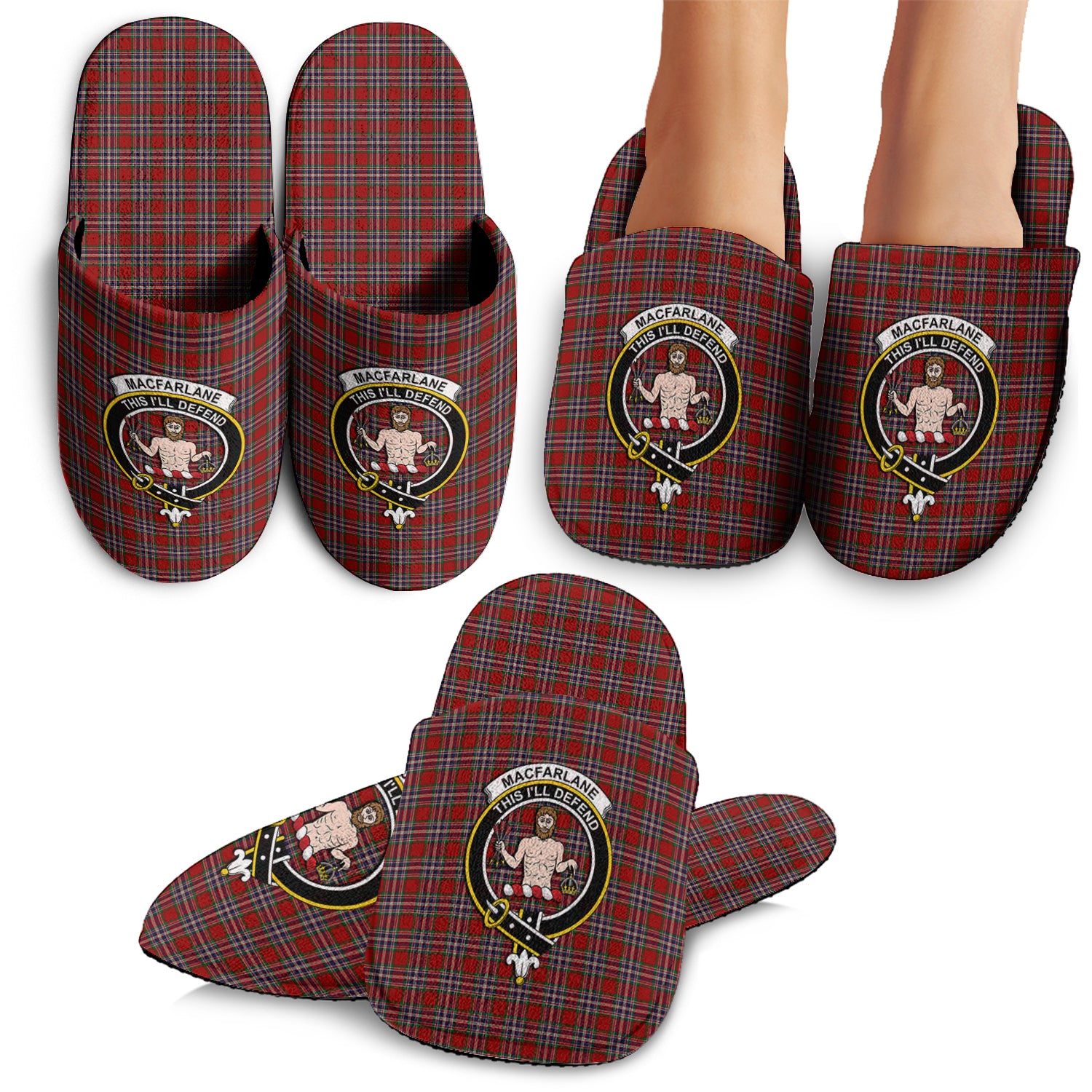 MacFarlane Red Tartan Home Slippers with Family Crest - Tartanvibesclothing