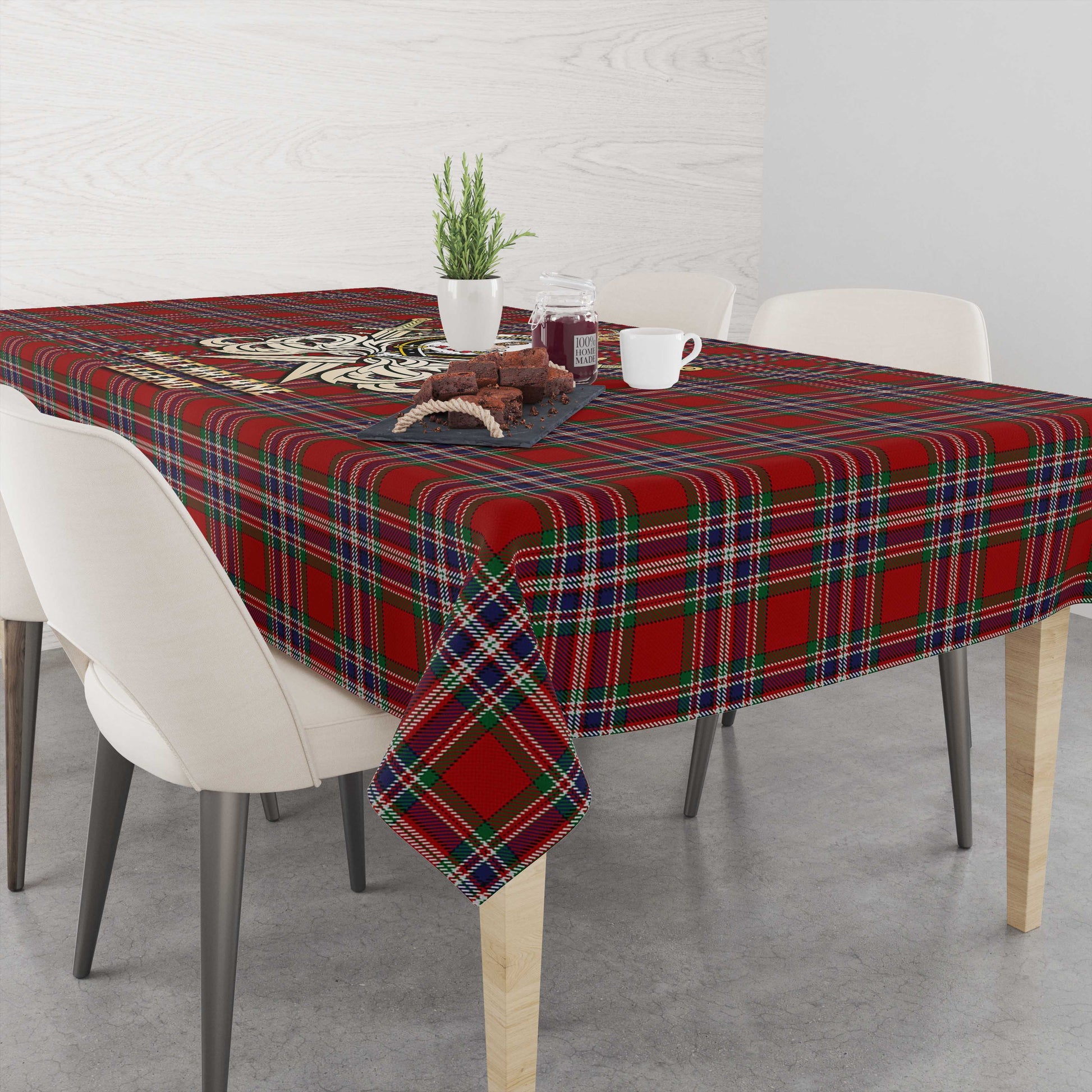 Tartan Vibes Clothing MacFarlane Red Tartan Tablecloth with Clan Crest and the Golden Sword of Courageous Legacy