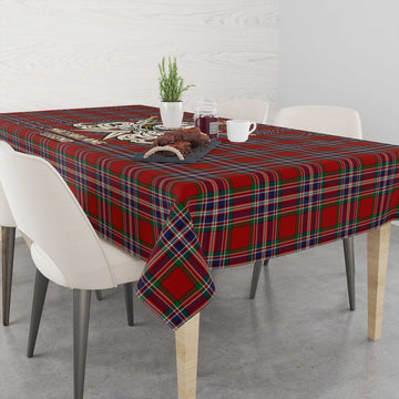 MacFarlane Red Tartan Tablecloth with Clan Crest and the Golden Sword of Courageous Legacy
