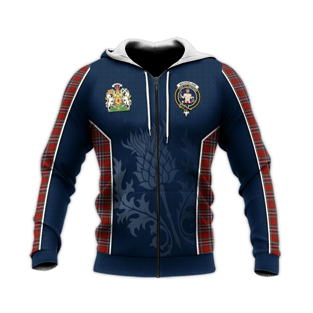 Tartan Vibes Clothing MacFarlane Red Tartan Knitted Hoodie with Family Crest and Scottish Thistle Vibes Sport Style