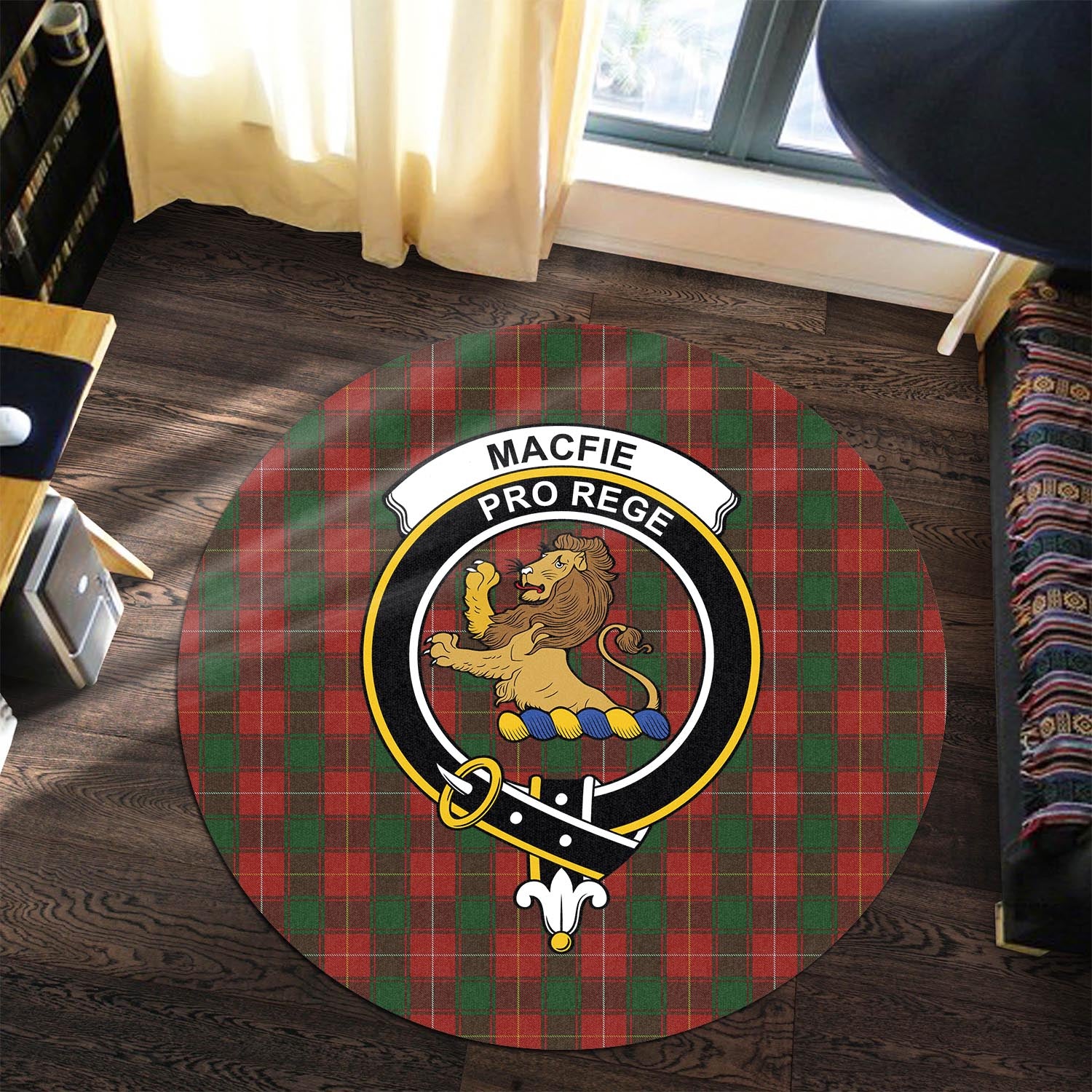 macfie-tartan-round-rug-with-family-crest