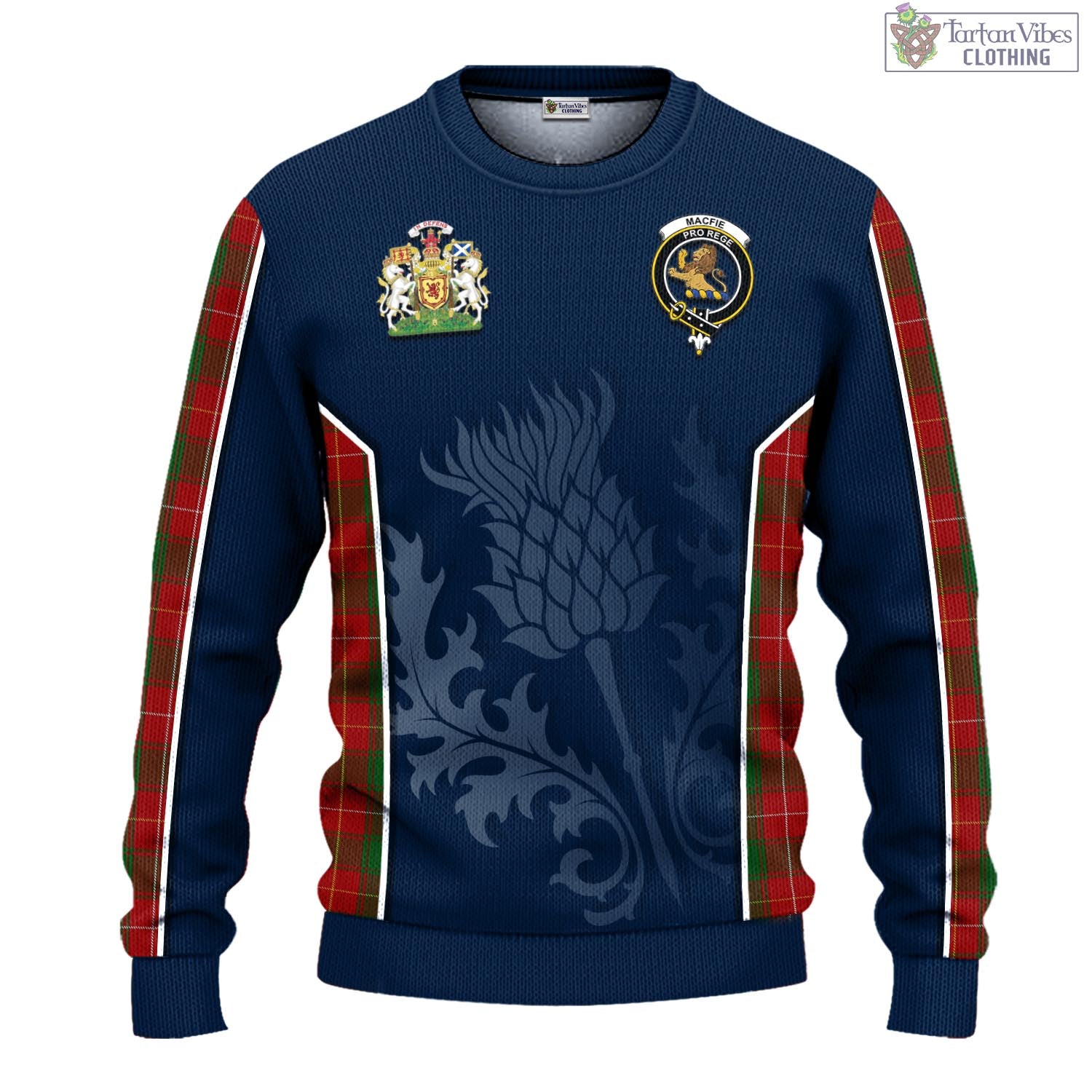 Tartan Vibes Clothing MacFie Tartan Knitted Sweatshirt with Family Crest and Scottish Thistle Vibes Sport Style