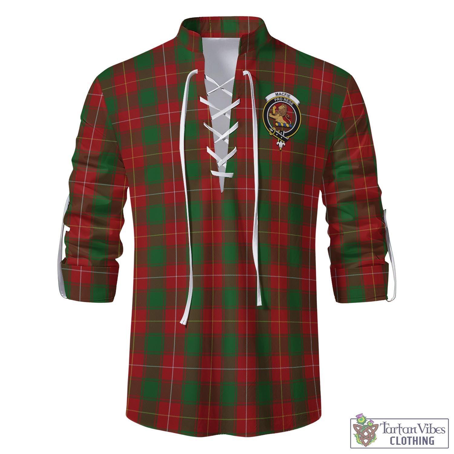 Tartan Vibes Clothing MacFie Tartan Men's Scottish Traditional Jacobite Ghillie Kilt Shirt with Family Crest