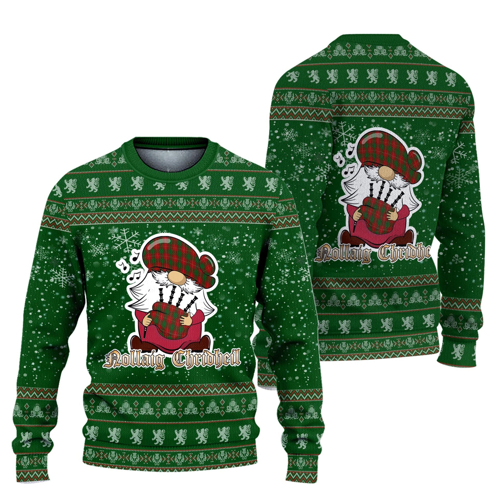MacFie Clan Christmas Family Knitted Sweater with Funny Gnome Playing Bagpipes Unisex Green - Tartanvibesclothing