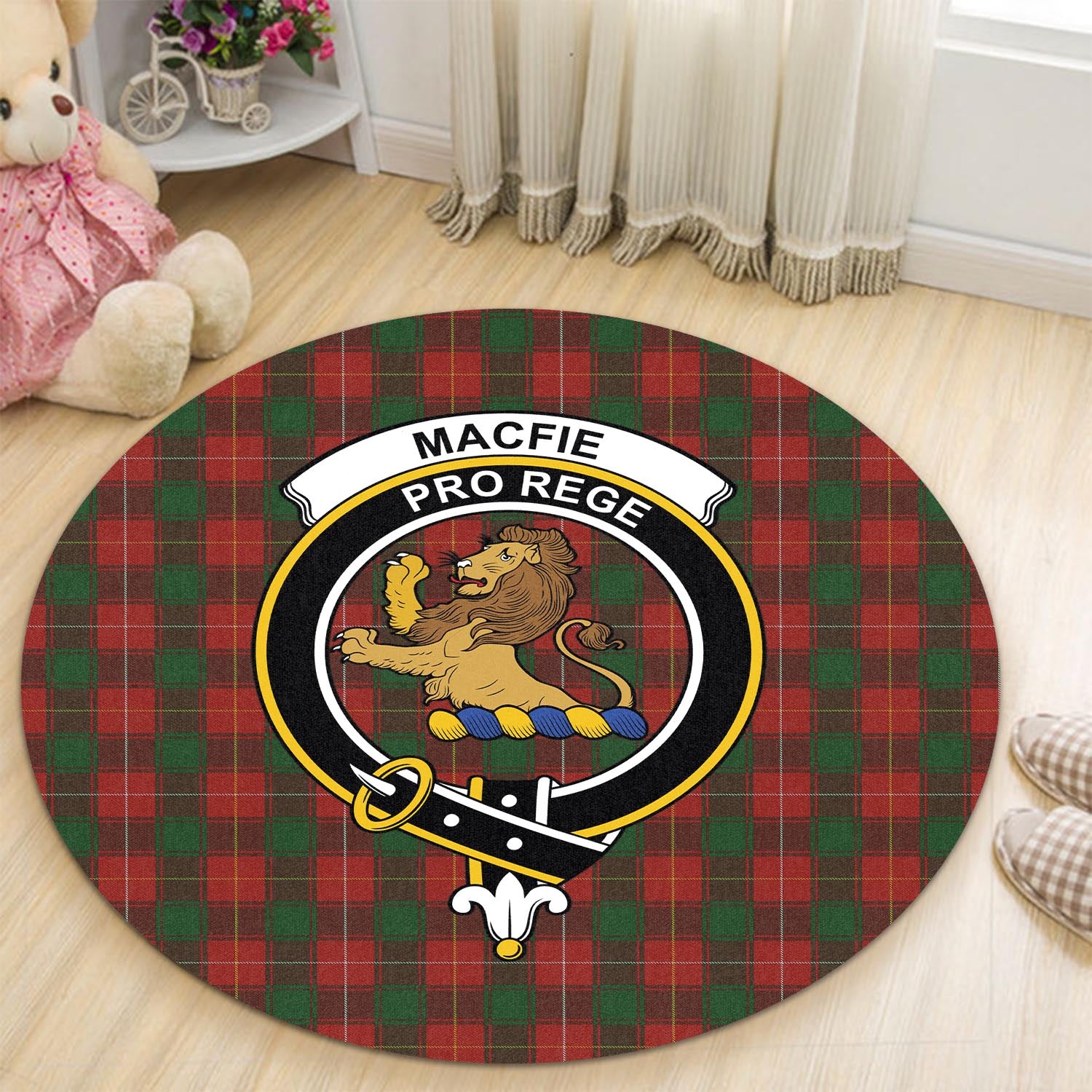 macfie-tartan-round-rug-with-family-crest
