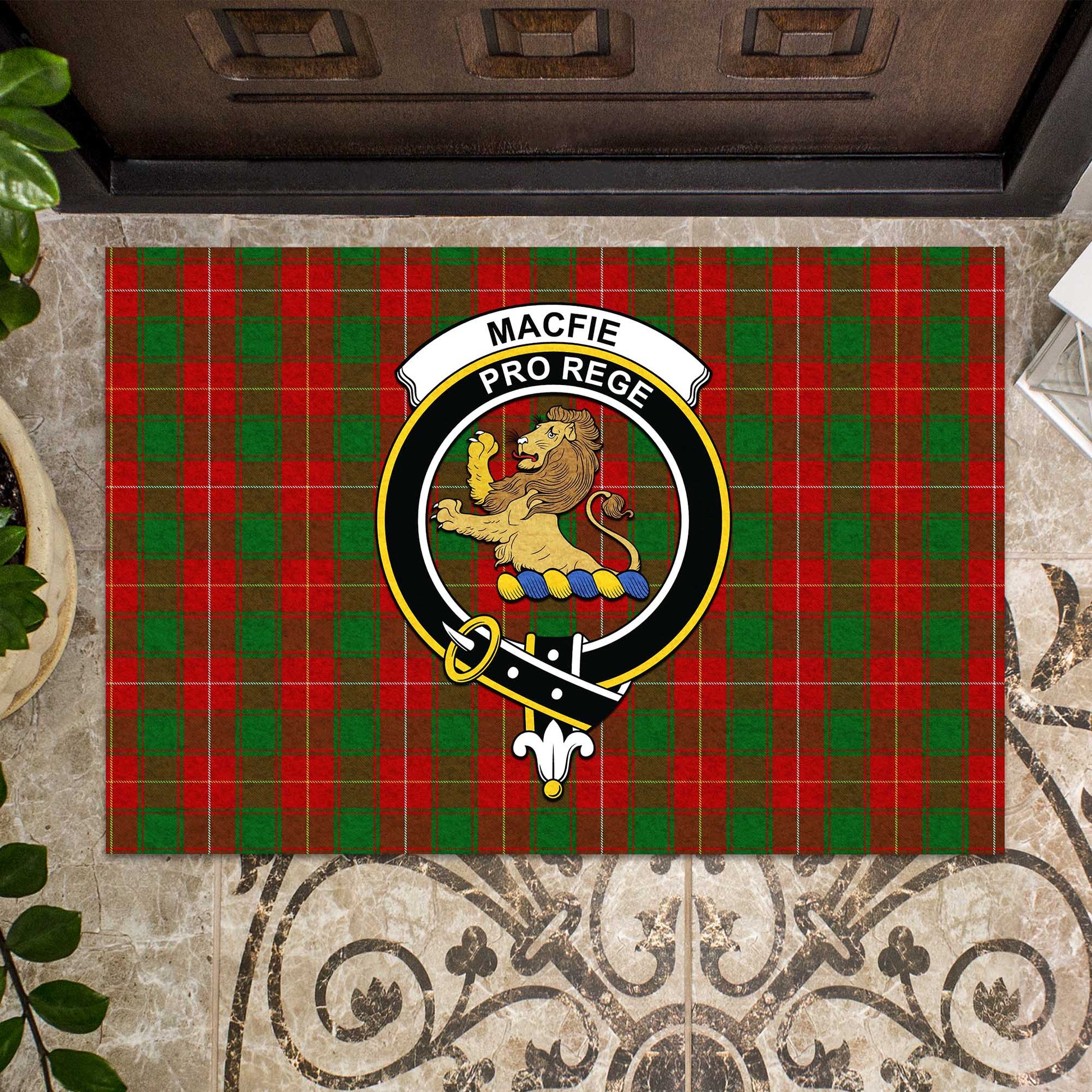 MacFie Tartan Door Mat with Family Crest - Tartanvibesclothing