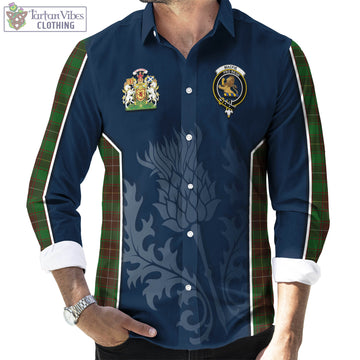 MacFie Hunting Tartan Long Sleeve Button Up Shirt with Family Crest and Scottish Thistle Vibes Sport Style