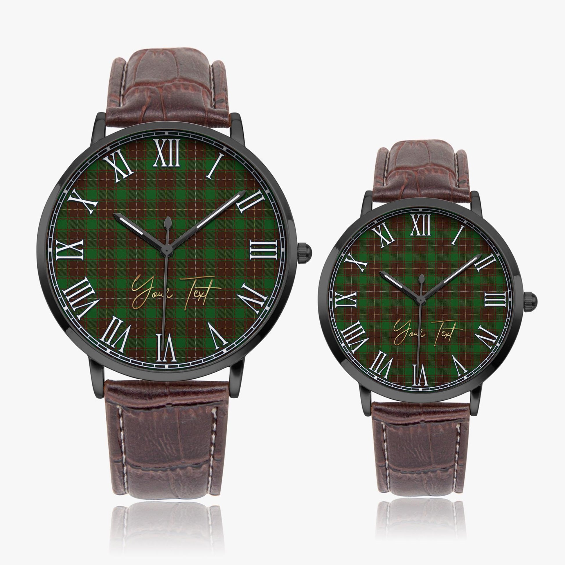 MacFie Hunting Tartan Personalized Your Text Leather Trap Quartz Watch Ultra Thin Black Case With Brown Leather Strap - Tartanvibesclothing