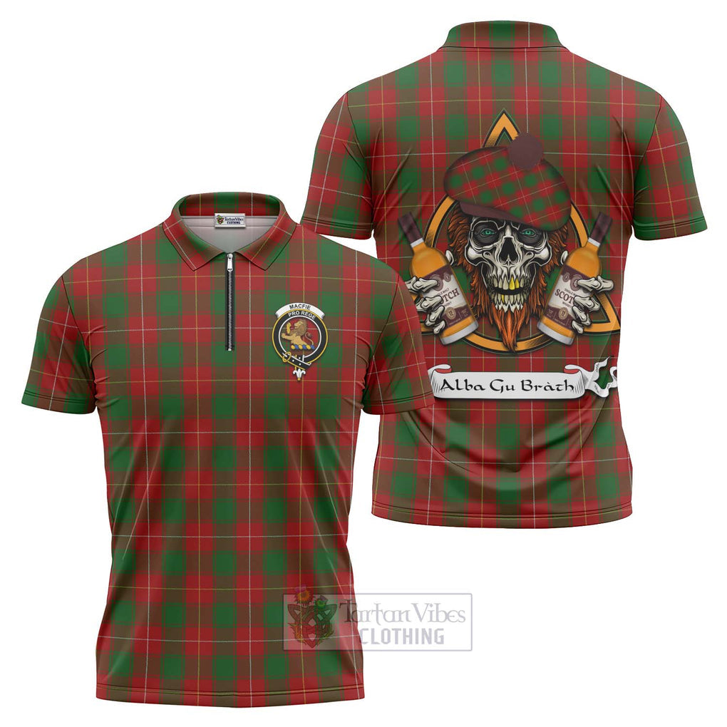 Tartan Vibes Clothing MacFie (McFie) Tartan Zipper Polo Shirt with Family Crest and Bearded Skull Holding Bottles of Whiskey