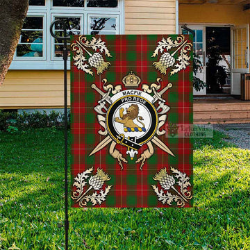 MacFie (McFie) Tartan Garden Flag with Family Crest and Golden Thistle Crossed Sword Design