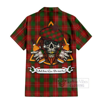 Tartan Vibes Clothing MacFie (McFie) Tartan Short Sleeve Button Shirt with Family Crest and Bearded Skull Holding Bottles of Whiskey