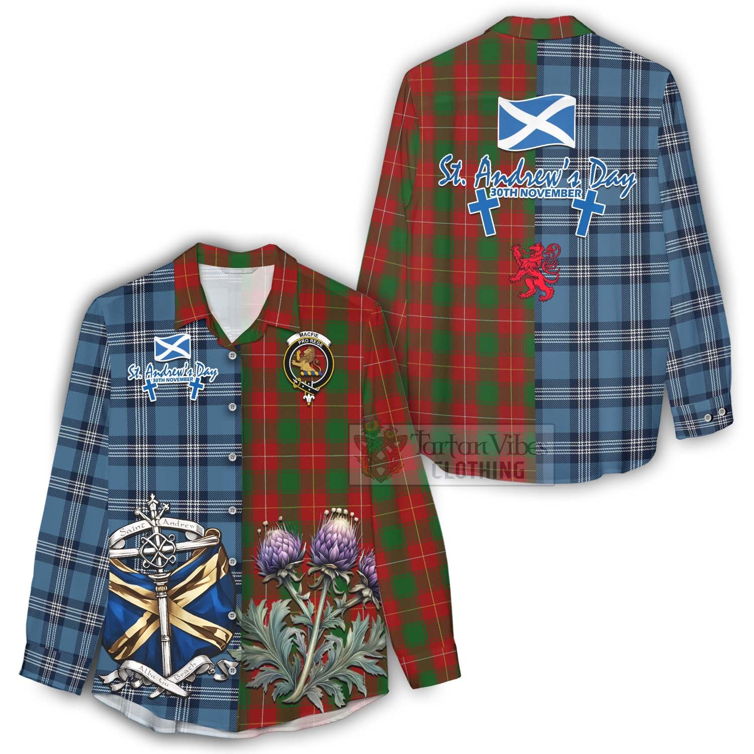 Tartan Vibes Clothing MacFie (McFie) Tartan Women's Casual Shirt Happy St. Andrew's Day Half Tartan Style