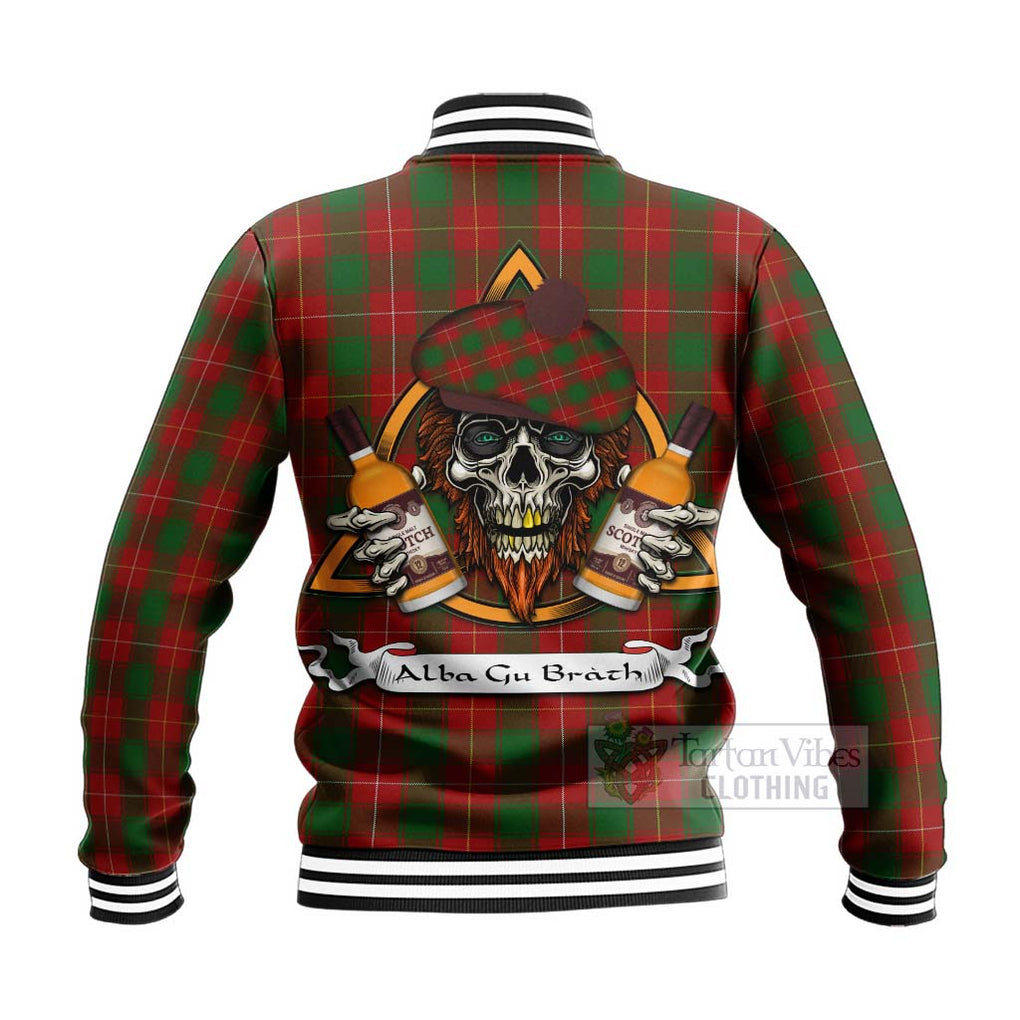 Tartan Vibes Clothing MacFie (McFie) Tartan Baseball Jacket with Family Crest and Bearded Skull Holding Bottles of Whiskey