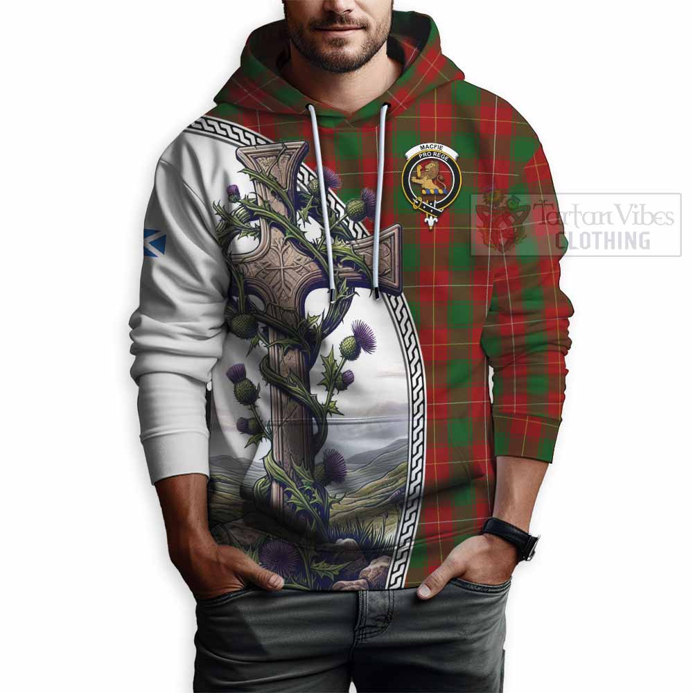 Tartan Vibes Clothing MacFie (McFie) Tartan Hoodie with Family Crest and St. Andrew's Cross Accented by Thistle Vines