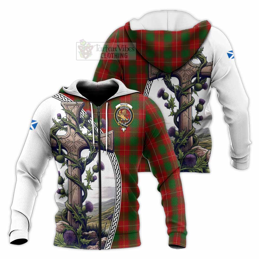 Tartan Vibes Clothing MacFie (McFie) Tartan Knitted Hoodie with Family Crest and St. Andrew's Cross Accented by Thistle Vines