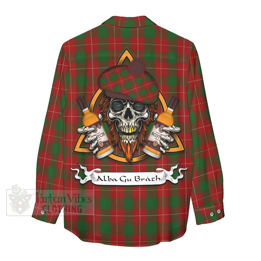 Tartan Vibes Clothing MacFie (McFie) Tartan Women's Casual Shirt with Family Crest and Bearded Skull Holding Bottles of Whiskey