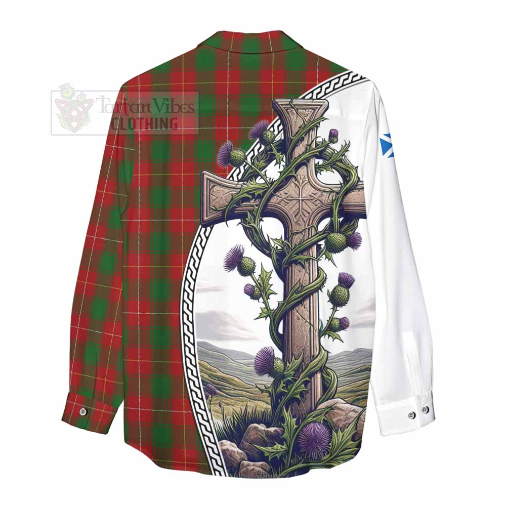 Tartan Vibes Clothing MacFie (McFie) Tartan Women's Casual Shirt with Family Crest and St. Andrew's Cross Accented by Thistle Vines