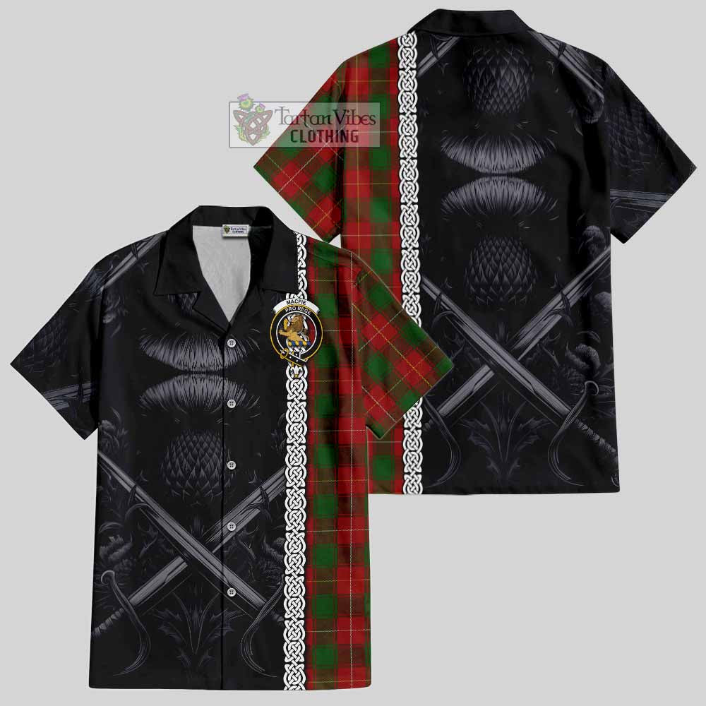 Tartan Vibes Clothing MacFie (McFie) Tartan Short Sleeve Button Shirt with Family Crest Cross Sword Thistle Celtic Vibes