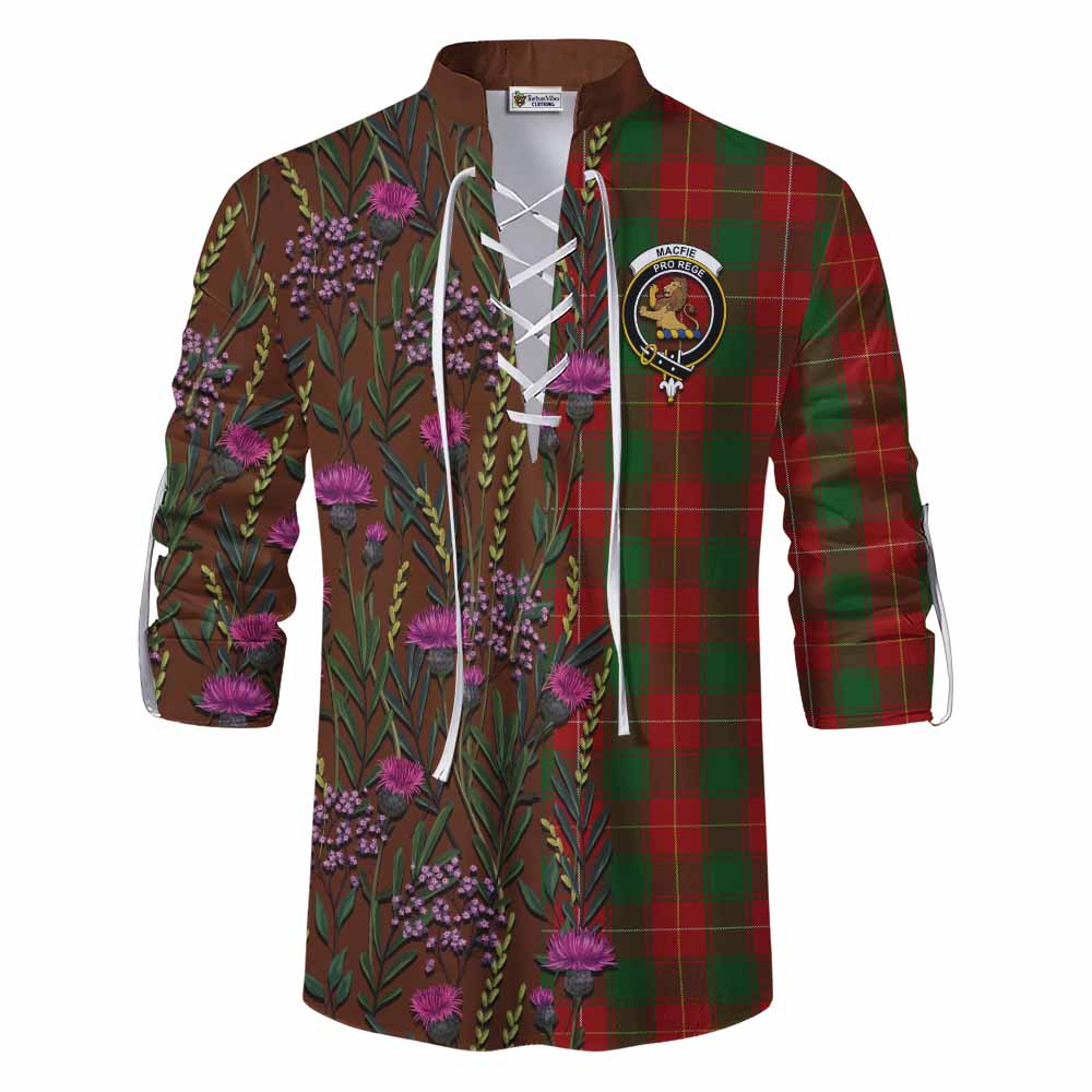 MacFie (McFie) Family Crest Tartan Ghillie Shirt Scottish Thistle Flower Pattern Half Style - Tartan Vibes Clothing