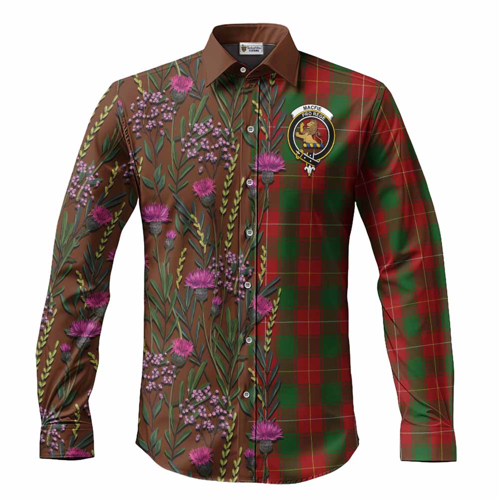 MacFie (McFie) Family Crest Tartan Long Sleeve Button Shirts Scottish Thistle Flower Pattern Half Style - Tartan Vibes Clothing
