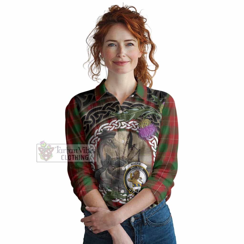 MacFie (McFie) Tartan Crest Bagpipe Nessie Women Casual Shirt Scottish Loch Ness Monster Celtic Thistle