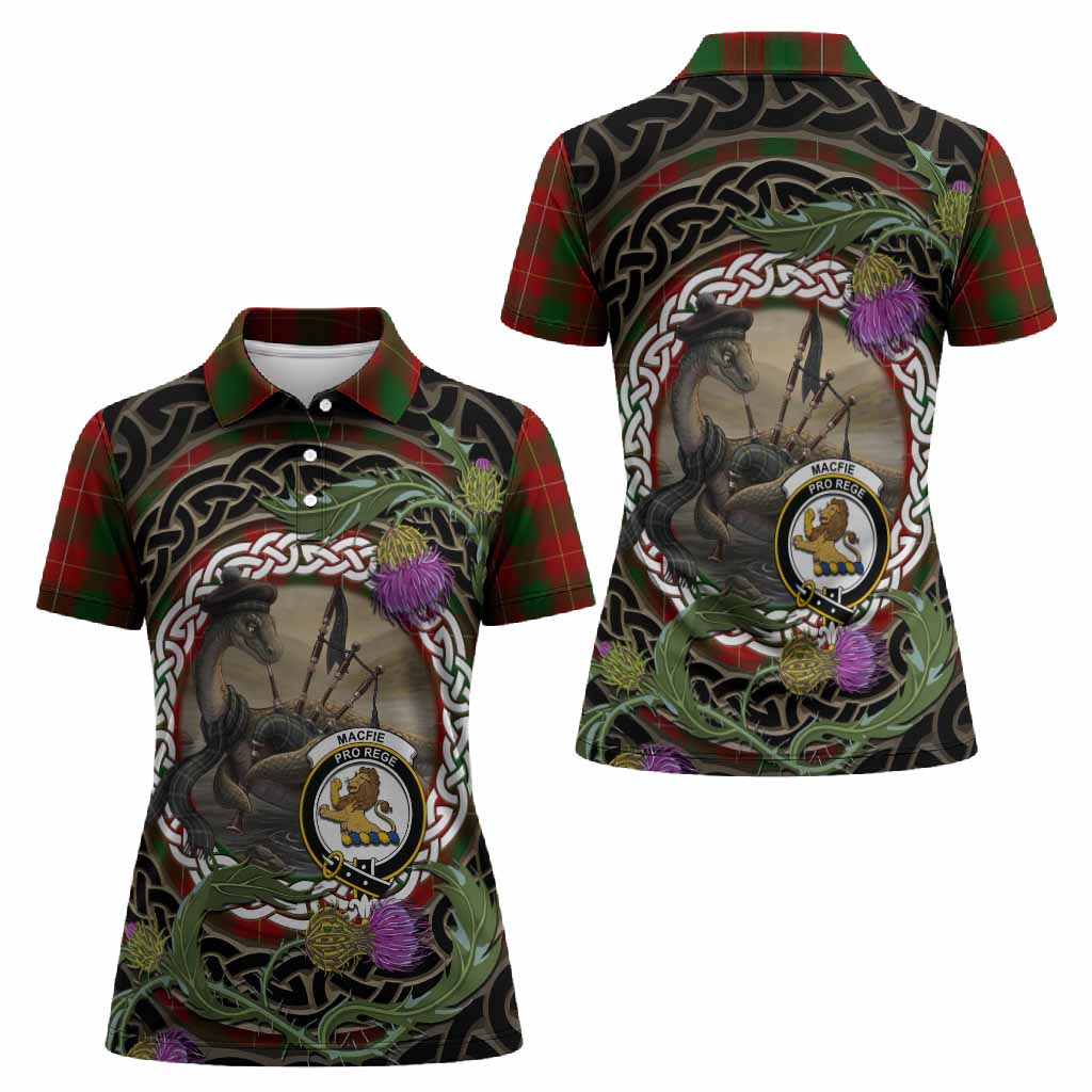 MacFie (McFie) Tartan Crest Bagpipe Nessie Women Polo Shirt Scottish Loch Ness Monster Celtic Thistle
