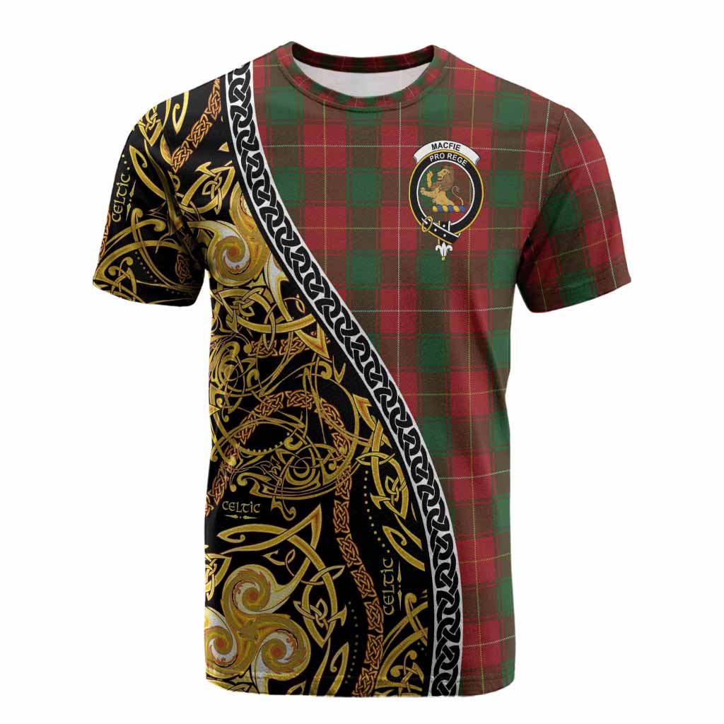 MacFie (McFie) Tartan Crest Cotton T-shirt Celtic Knot and Triple Trickle Spiral Symbols