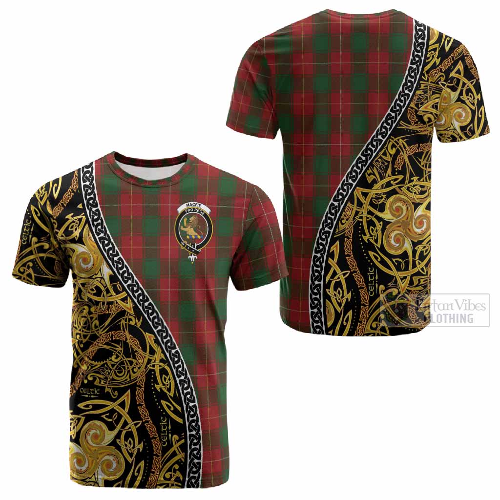 MacFie (McFie) Tartan Crest Cotton T-shirt Celtic Knot and Triple Trickle Spiral Symbols