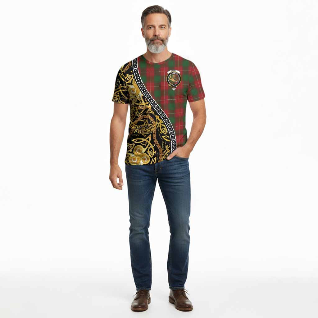 MacFie (McFie) Tartan Crest Cotton T-shirt Celtic Knot and Triple Trickle Spiral Symbols