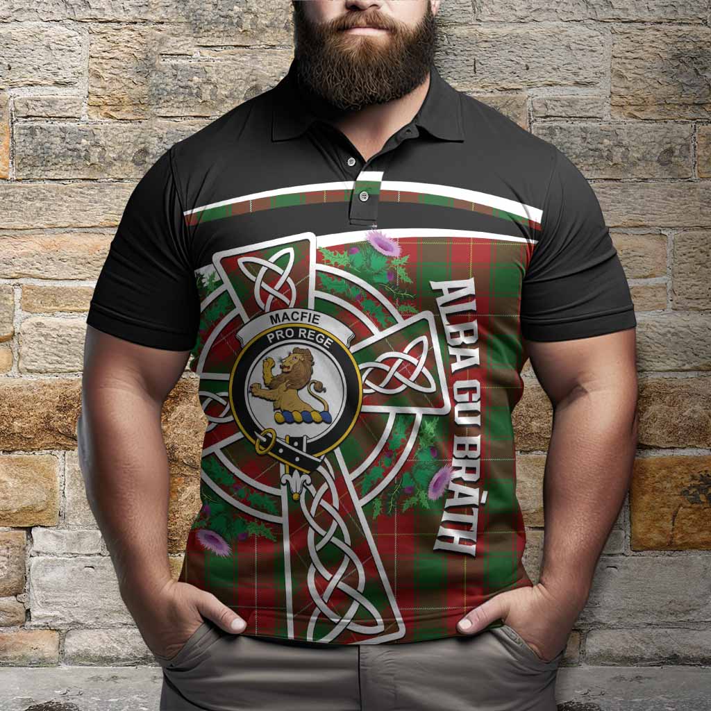 MacFie (McFie) Tartan Crest Polo Shirt Scottish Thistle Celtic Cross Alba Gu Brath