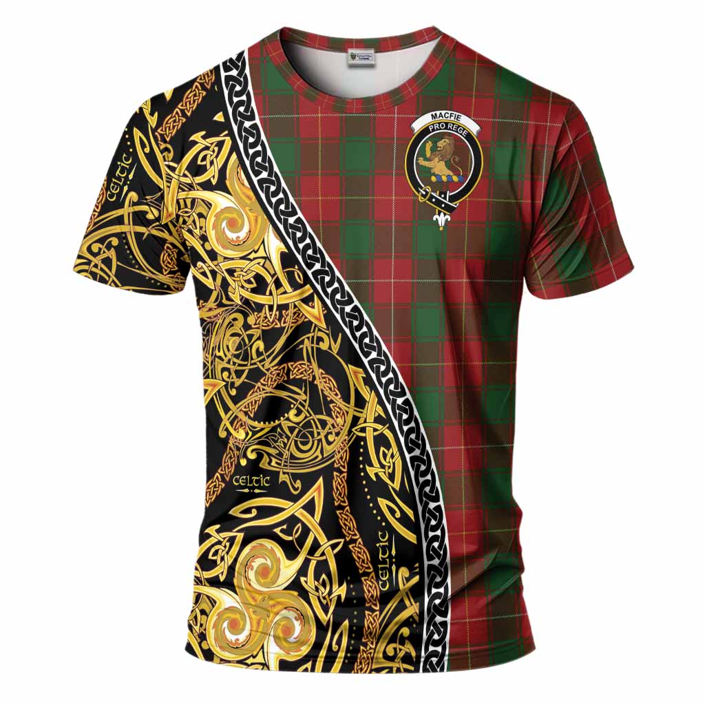MacFie (McFie) Tartan Crest T-Shirt Celtic Knot and Triple Trickle Spiral Symbols