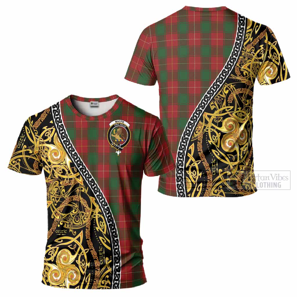 MacFie (McFie) Tartan Crest T-Shirt Celtic Knot and Triple Trickle Spiral Symbols