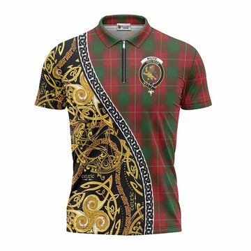MacFie (McFie) Tartan Crest Zipper Polo Shirt Celtic Knot and Triple Trickle Spiral Symbols