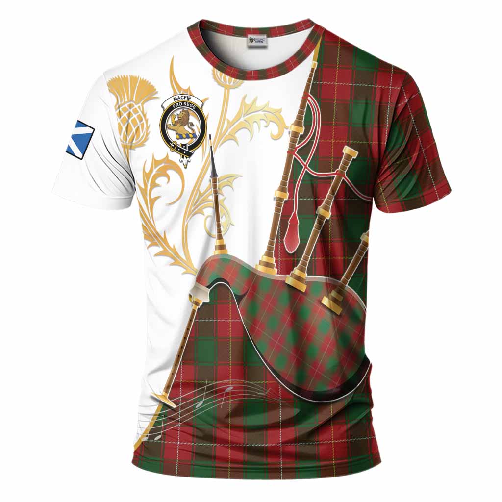 MacFie (McFie) Tartan Family Crest T-Shirt Bagpipes with Scottish Thistle
