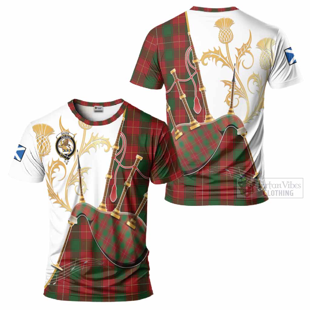 MacFie (McFie) Tartan Family Crest T-Shirt Bagpipes with Scottish Thistle