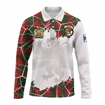 MacFie (McFie) Tartan Long Sleeve Polo Shirt with Family Crest and Lion Rampant Grunge Style